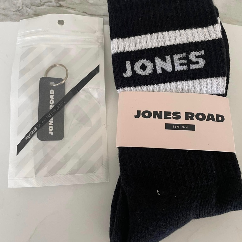 Jones Road Beauty Black & White Logo Socks - SZ 6-9 with Key Chain NEW